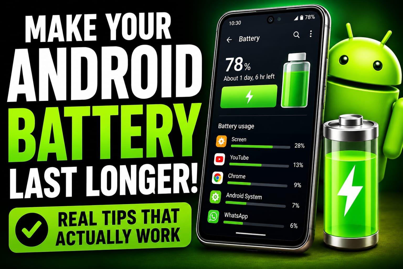 Discover Android battery saving tips that actually work. Simple, free settings and habits to make your Android battery last longer through the whole day.